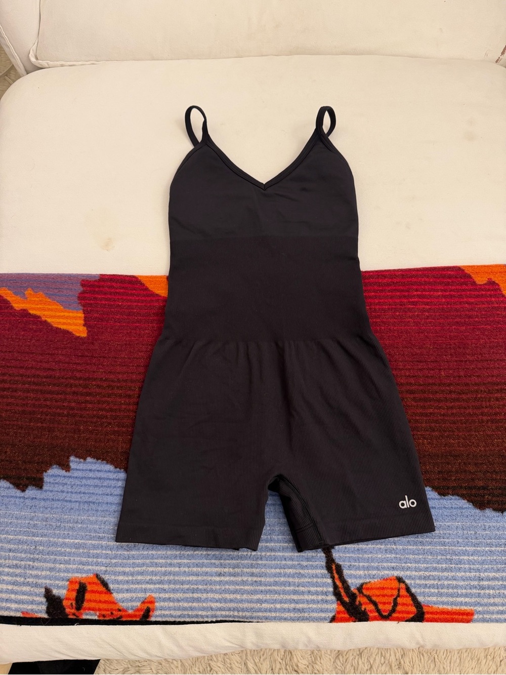 ALO Yoga Black One-Piece Active Romper with Spaghetti Straps